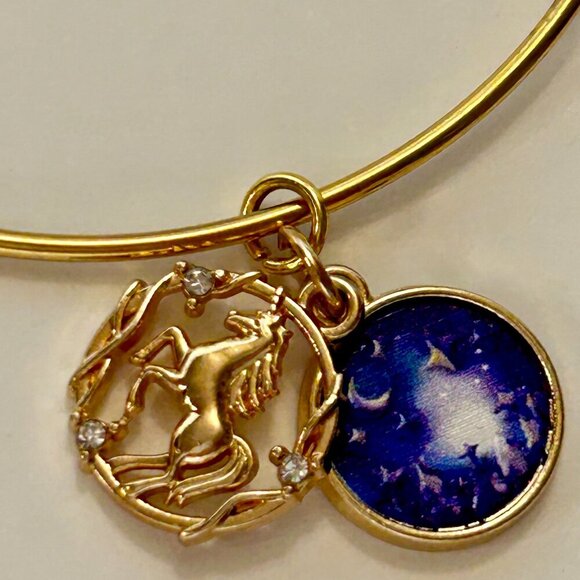Gold Starry Night Unicorn Charm Bangle Bracelet w/ Cubic Zircon - Picture 3 of 5